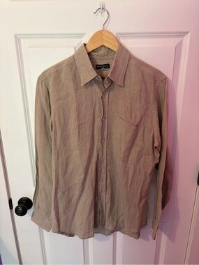 Men's Long-Sleeve Button-Up Shirt in Beige- 100% Linen